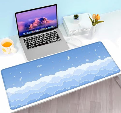 Cute Pastel Blue Desk Mat, Minimalist Large Gaming Mouse Pad Mousepad for Laplop, Kawaii Anime Desk Pad, Gradient White Clouds Computer Pads, Aesthetic Stars Moon Deskpad, 31.5 X 11.8 Inch - color: Gradient Clouds