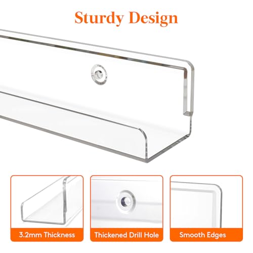 Lifewit Narrow Floating Shelves for Vinyl Record 6 Pack, 12" Clear Wall Shelves for Nail Polish/Book/Picture/Makeup, Acrylic Wall Display Shelf Organizer for Bedroom, Living Room, Bathroom Decor