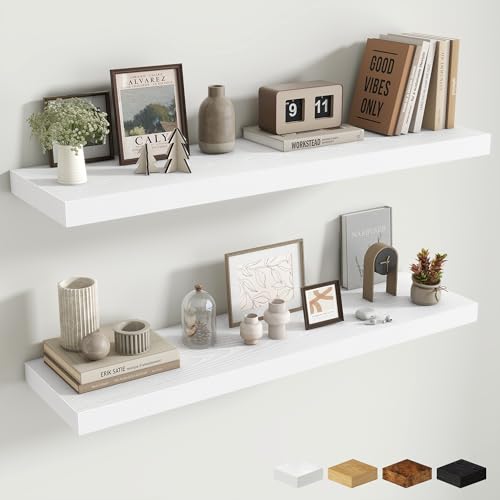 Fun Memories Floating Shelves Set of 2, 40 Inch Long Wooden Wall Shelves, 10 Inch Deep Wall Mounted Storage Shelf with Metal Brackets for Living Room, Bathroom, Bedroom and Kitchen, White - color: Modern White, size: 40W x 10D x 1.5H