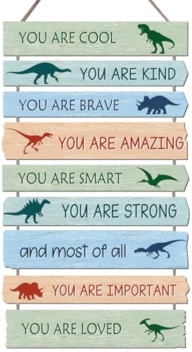 Dinosaur Wall Decor for Boys Room, 9-Piece Inspirational Wooden Signs with Positive Affirmations, Dino Nursery Decor for Toddler Kids Bedroom, Baby Boy Room Art with Motivational Quotes - color: Dino 01
