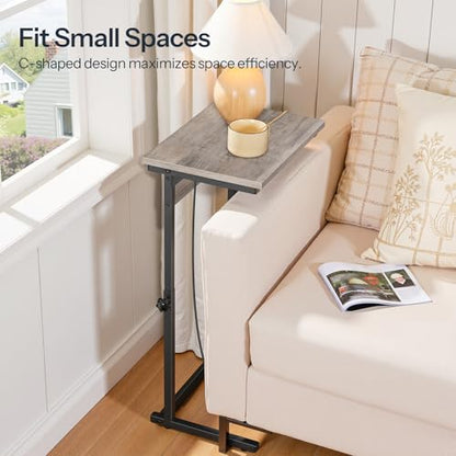 HOOBRO C-Shaped End Table with Charging Station, Adjustable Height Sofa Tray Side Table, Slide Under Couch Arm Table, Small C Side Table for Small Space in Living Room, Bedroom, Greige BG71USF01 - color: Greige + Black