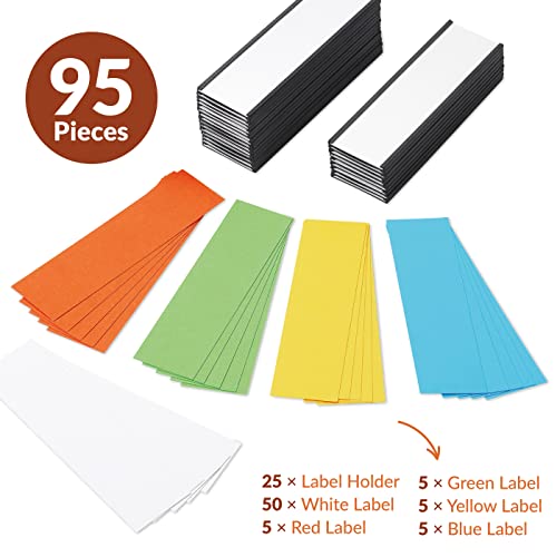 25 Pack C Channel Magnetic Label Holders 5x1.5 with 50 White Card Inserts, 25 Clear Plastic Protectors and Bonus 20 Colorful Cardstock Inserts in Blue, Green, Yellow and Red - Double-Sided Cards