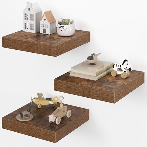 Dreamland 12x12 Floating Shelves for Wall, 12" Deep Thicker Floating Shelves, Wall-Mounted Shelves for Bedroom, Living Room, Kitchen, Bathroom,Rustic Brown - Set of 3 - color: Rustic Brown, size: 12"W x 12"D x 2"H, Set of 3