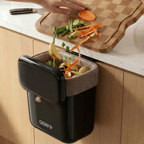 Large 3.9 Compost Bin Kitchen with Lid, Under Cabinet Waste Bin for Kitchen Cupboard, Reusable Waste Container for Office, Bathroom, Bedroom, Black - color: Black