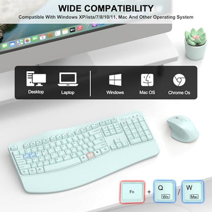 Wireless Keyboard and Mouse Combo, 2.4G Full Size Wave Keys Ergonomic Keyboard with Wrist Rest and 3-Level DPI Adjustable Wireless Ergonomic Mouse for Windows, Mac OS Desktop/Laptop/PC(Mint Green) - color: Mint green