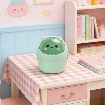 Mini Trash Can, Cute Small Trash Can with Lid, Desktop Paper Bin with 5 Rolls of Bin Liners, Portable Tabletop Dustbin, Cartoon Animal Rubbish Storage for Office Bedroom Desk Kitchen(Green) - color: Green