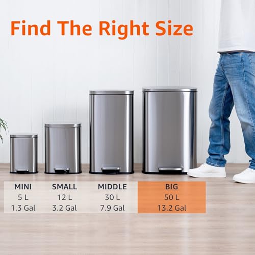 Amazon Basics LARGE Trash Can, 13.2 Gallon (50L), Smudge Resistant Rectangular Bin with Soft-Close Lid, Step Foot Pedal, Removable Inner Bucket, Brushed Stainless Steel, Satin Nickel Finish - size: Big, 50L/13.2 Gal