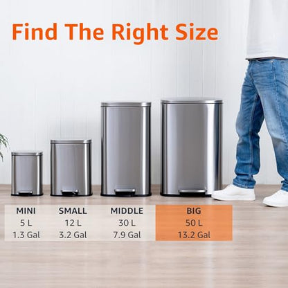 Amazon Basics LARGE Trash Can, 13.2 Gallon (50L), Smudge Resistant Rectangular Bin with Soft-Close Lid, Step Foot Pedal, Removable Inner Bucket, Brushed Stainless Steel, Satin Nickel Finish - size: Big, 50L/13.2 Gal