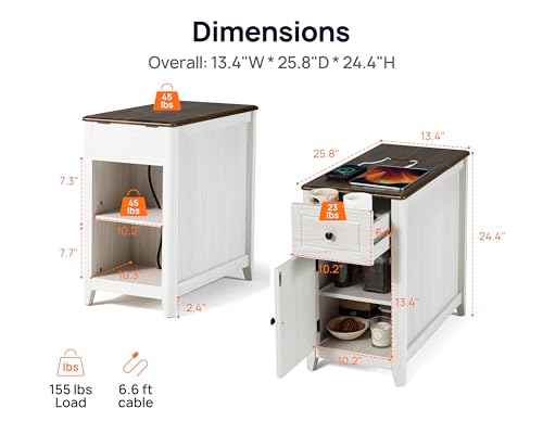 Farmhouse End Table with Charging Station, USB-C, Narrow Side Table with Storage Cabinet and Deep Drawer, Small Nightstand with Hidden USB Ports and Outlets for Living Room, Bedroom, Office, White - color: Light Oak, size: 24" Leg