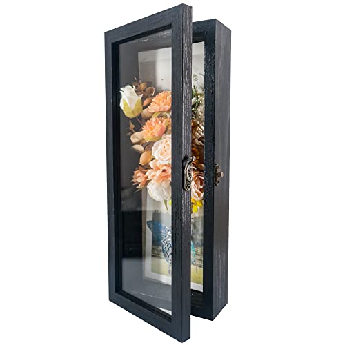 GraduationMall 5x12.5 Wood Shadow Box Frame Glass Door Display Case with Linen Back and 6 Stick Pins,1.5 inches Interior Depth,Ideal for Memorabilia Pictures Flowers Medals Tickets Rustic Black - color: Rustic Black, size: 5x12.5