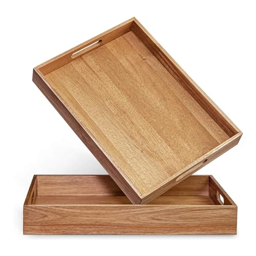 Acacia Wood Serving Tray with Handles Set of 2 – Decorative Serving Trays Platter for Breakfast in Bed, Lunch, Dinner, Patio, Ottoman, Coffee Table, BBQ, Party –Great for Lap &Couch - color: Set of 2