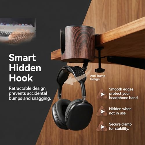 Luxury 2-in-1 Desk Cup Holder with Headphone Hanger for Office, Home, Gaming(Wooden Design) - color: WOODEN DESIGN