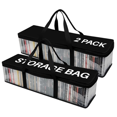 Evelots CD Storage Bags (2 Pack) Clear PVC Plastic Media Carrying Case with Zipper - Holds 100 CDs Total - Strong Handles - Protects CDs, Video Games, Music from Dirt & Moisture - size: 2-Pack (Holds 100), style: CD Storage Bag