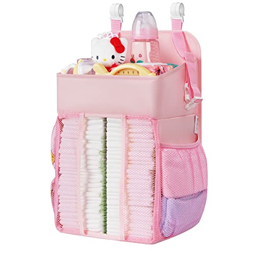 Maliton Hanging Diaper Caddy Nursery Caddy Organizer for Playard, Wall or Crib, Diaper Stacker with Baby Essentials Storage - color: Pink