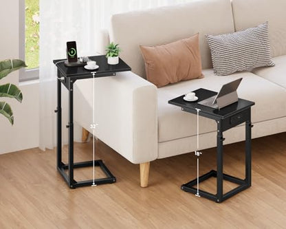 Vagusicc C Shaped End Table with Charging Station, 33"Tall C-Table End Table Adjustable Height Side Table for Couch, Couch Table That Slide Under Sofa Table TV Tray Table for Living Room,Bedroom,Black - color: Black, style: Charging Station