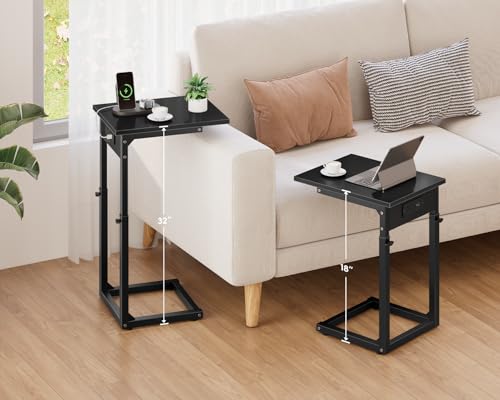 Vagusicc C Shaped End Table with Charging Station, 33"Tall C-Table End Table Adjustable Height Side Table for Couch, Couch Table That Slide Under Sofa Table TV Tray Table for Living Room,Bedroom,Black - color: Black, style: Charging Station