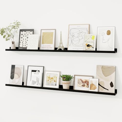 Picture Ledge Shelf, Floating Shelves Set of 2, 48 Inches Solid Wood Nursery Book Shelves for Toys Storage, Kids Bookshelf Wall Mounted for Living Room Bedroom Decor Books Photo Frames, Black - color: Solid Pine Wood Black Finish, size: 48in