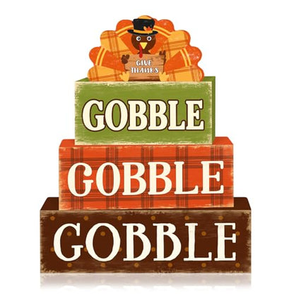 4 Pcs Fall Decorations for Home Thanksgiving Turkey Tiered Tray Decor, Fall Table Decor Farmhouse Rustic Wooden Turkey Block Sign Autumn Harvest Tabletop Centerpieces for Home Kitchen Indoor - style: Gobble Turkey
