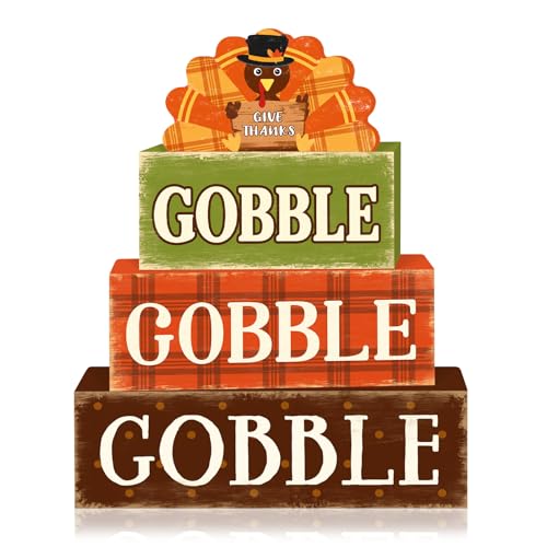 4 Pcs Fall Decorations for Home Thanksgiving Turkey Tiered Tray Decor, Fall Table Decor Farmhouse Rustic Wooden Turkey Block Sign Autumn Harvest Tabletop Centerpieces for Home Kitchen Indoor - style: Gobble Turkey