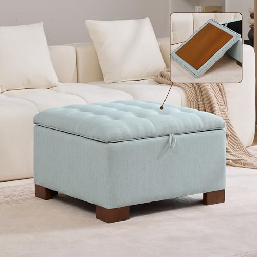 WUTUTUEE 30" Fabric Square Storage Ottoman with Wooden Tray, Modern Tufted Button Footstool Coffee Table, Upholstered Large Ottoman for Living Room, Bedroom, Blue - color: Blue, size: 30 Inch