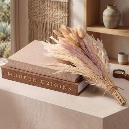 Junkin Set of 2 Decorative Books for Home Decor with 60 Pampas Grass Aesthetic Linen Fake/Faux Books Hidden Storage Boxes Modern Farmhouse Bookshelf Decor for Home Coffee Table Shelf Mantel