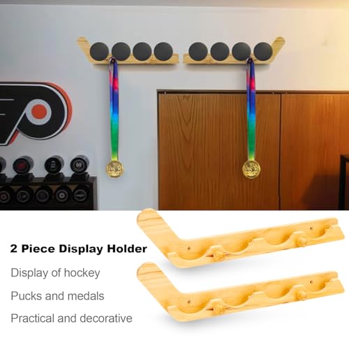 2 Pack Hockey Puck Display Cases for Father's Day Gifts, Wooden Wall Mount Holder with Hook - Hockey Puck Holder Living Room Stick Decor Accessory for Player Team Gift - burlywood - color: Burlywood