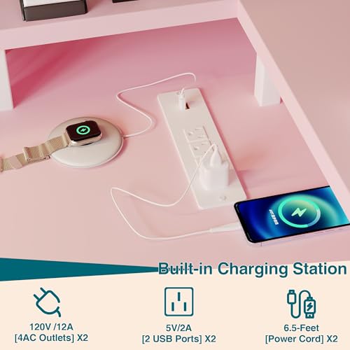 U Shaped Desk with Power Outlet & LED Lights, 79" Reversible Computer Desk with Monitor Stand, Wood Home Office Desks Gaming Desk with Shelving, Side Storage Pockets, Pink - color: Pink