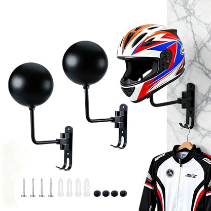 Motorcycle Helmet Holder, 180° Rotating Metal Helmet Hanger, Motorcycle Helmet Display Stand, Helmet Rack with Double Hooks for Bike Coats, Caps, Sportswear, Hats & Motorcycle Gear (2 Pack)