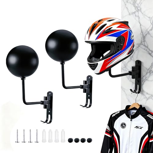 Motorcycle Helmet Holder, 180° Rotating Metal Helmet Hanger, Motorcycle Helmet Display Stand, Helmet Rack with Double Hooks for Bike Coats, Caps, Sportswear, Hats & Motorcycle Gear (2 Pack)