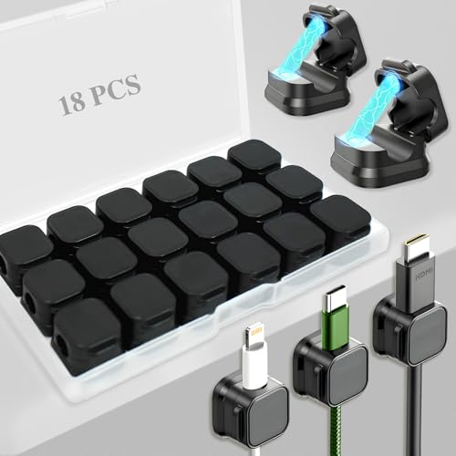 18 Pack Cord Organizer Holder,Magnetic Cable Clips Management, Easy Adhesive Phone USB Charger Cord Keeper, Hide Or Organize Desk Cable for Kitchen, Office, Car, Nightstand （Black） - color: Black
