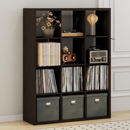 Furinno Cubicle Record Player Stand with Vinyl Storage, 12-Cube 1.2 Extra Thick Vinyl Record Storage, Open Back Media Shelf for CD DVD Blueray Game Disc, for Living Room, Home Office, Black Dark Oak - color: Black Dark Oak, size: Extra Thick, 12-Cube Stan