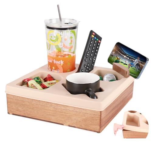 Couch Cup Holder Tray, Silicone Wooden Couch Caddy with Cup Holder for Snacks, Drinks, Remotes, Waterproof Cup Holder for Couch, Organizer, Couch Drink Holder - color: D-beige