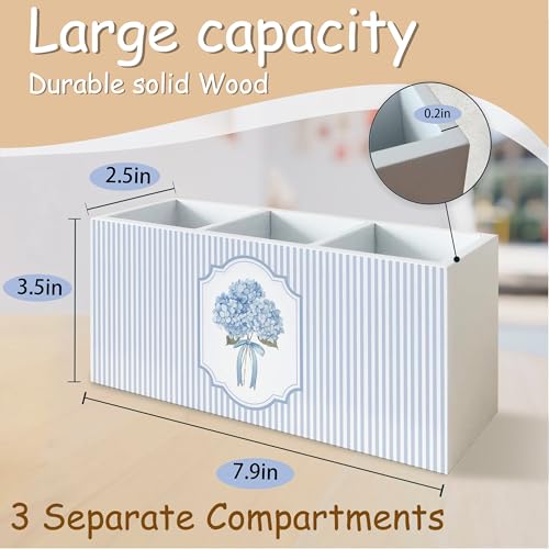 Hydrangea Pen Pencil Holder Organizer for Desk, Hydrangea Gifts, Hydrangeas Kitchen Cooking Makeup Brush Utensil Holder, Blue and White Bow Floral Wooden Box Sign for Home Office Tabletop Decor - color: Retro hydrangea