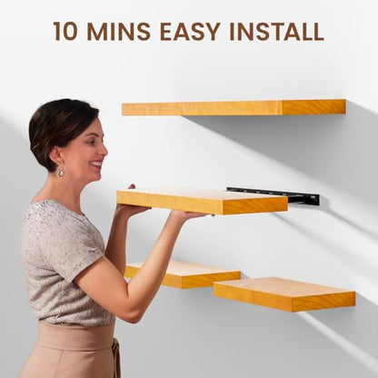 Heimlove Pine Wood Floating Shelves, 8 Inch Deep Real Wood Shelves Set of 2, Wall Mounted Rustic Wood 24x8 Floating Shelf with Invisible Brackets for Bedroom Kitchen Living Room - Honey Oak - color: Honey Oak, size: 24”Wx8”Dx1.6”H