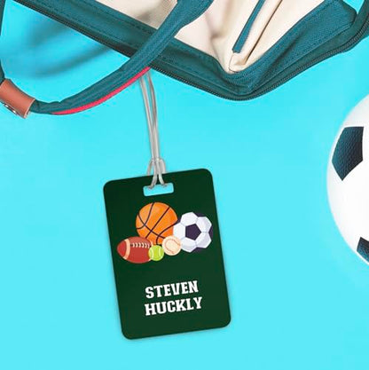 Personalized Sports Theme Luggage Tag / 2.75" x 4" Custom Modern Bag Tag/Double Sided Durable Plastic Luggage Tag with Plastic Strap/Made in The USA - style: Sports