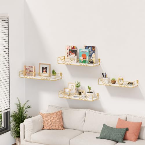 Amaoot Floating Shelves for Wall Set of 4, Different Sizes Mounted Wood Floating Shelf, Wall Shelves for Living Room,Bedroom, Bathroom, Kitchen, Farmhouse Decor, Office (Gold) - color: Gold