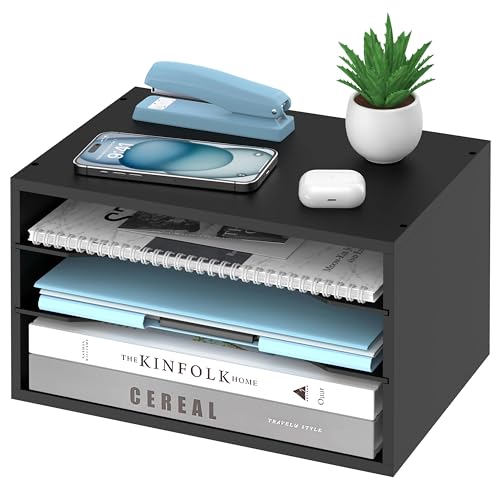 Wood Desk Organizer, 3 Tier Paper Tray Organizer for Desk with Adjustable Storage Shelves, Printer Stand Desktop File Organization Paper Sorter Mail Holder for Office Home Classroom, Black - color: Black, size: 3 Tier