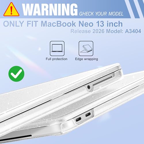 May Chen Compatible with MacBook Neo 13 inch Case 2026 Model A3404, Plastic Hard Shell,Keyboard Cover,Screen Protector,Dust Plug, for MacBook Neo 13" with A18 Pro Chip, Glitter Clear - color: Glitter Clear