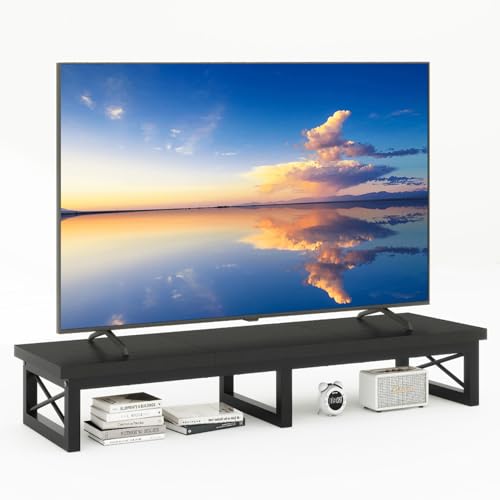 IBUYKE 45" Large TV Riser for 32-60 inch TV,Tabletop Short TV Stand with Storage and Steel Legs,Dual Screen Office Desk,Stand Riser,TV Riser Stand for Home,Bedroom,Living Room,Black TVT002B - color: Black