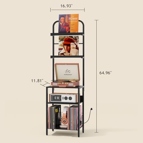 Homsorout Record Player Stand with Vinyl Storage - 5-Tier Turntable Table with Power Outlet, Adjustable Feet, Metal & Wood Cabinet - Console Organizer Display Shelf for Living Room, Apartment - style: Black With Socket