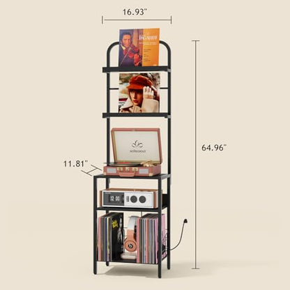 Homsorout Record Player Stand with Vinyl Storage - 5-Tier Turntable Table with Power Outlet, Adjustable Feet, Metal & Wood Cabinet - Console Organizer Display Shelf for Living Room, Apartment - style: Black With Socket