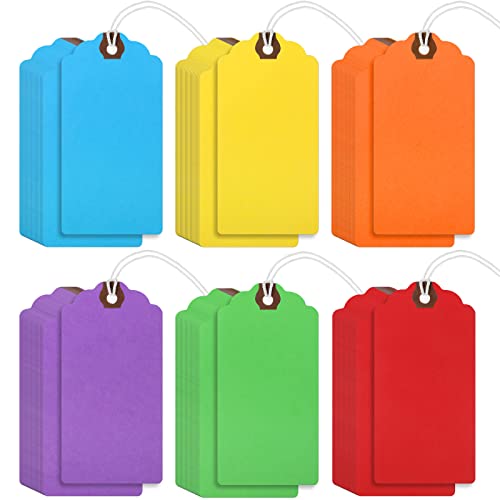 Outus 60 Pcs 4 3/4-in x 2 3/8-in Blank Large Paper Gift Tags with String and Reinforced Eyelet Wire Writable Price Tags Shipping Labels Inventory Labels(Rainbow Colors) - color: Rainbow Colors, size: Solid Style