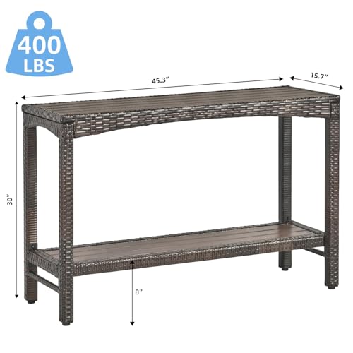 Outdoor Console Table Patio Buffet Bar Storage Organizer 45" Long Wicker Sofa Serving Sideboard Table 2-Shelf Outdoor Bar Table Tall Rectangle Narrow with Adjustable Feet for Entryway Balcony Brown - color: Brown