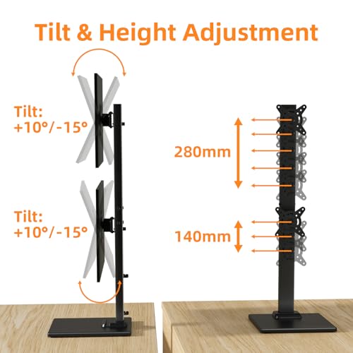 Suptek Dual Monitor Stand with Base- Vertical Stack Screen Free-Standing Monitor Riser Fits Two 13 to 36Inch Screen with Swivel, Tilt, Height Adjustable,50,75 and 100mm Vesa Base Stand - size: 13-36in(dual)