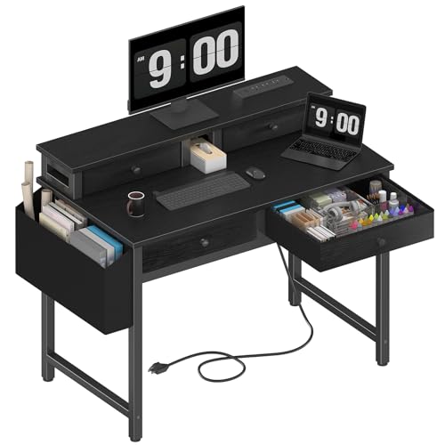 Lufeiya Small Desk with Drawers for Home Office Bedroom, 31 inch Black Writing Study Desks with Fabric Drawers Storage, Gaming Desk Table with Power Outlet & Monitor Stand, Black - color: Black
