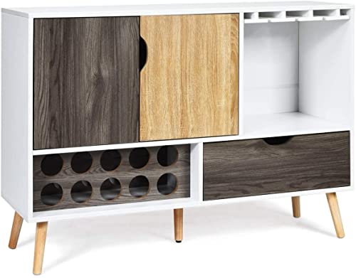 LUARANE Modern Buffet Sideboard, Wooden Kitchen Cupboard with 10 Bottle Wine Rack 3-Row Glass Holder Storage Shelves Drawer, Console Table for Dinging Room Living Room, White & Wood