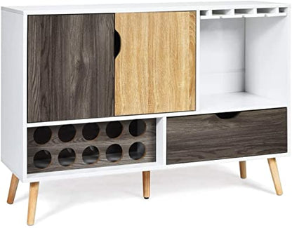 LUARANE Modern Buffet Sideboard, Wooden Kitchen Cupboard with 10 Bottle Wine Rack 3-Row Glass Holder Storage Shelves Drawer, Console Table for Dinging Room Living Room, White & Wood