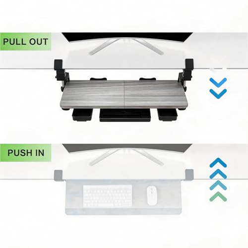 Keyboard Tray Under Desk with Drawer,26.77" X 11.81" Keyboard Tray Large Size with C Clamp-on Mount, Easy to Install, Save Space for Office Desk (Grey) - color: Grey