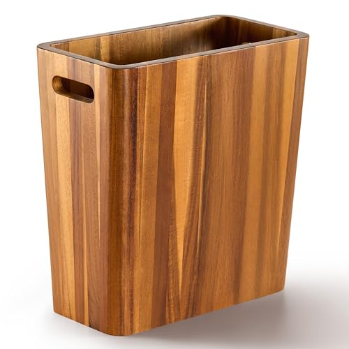 BLUEWEST 2.6 Gallon Acacia Wooden Bathroom Trash Can, Small Wastebasket with Handle, Decorative Wood Bin for Bedroom, Office or Under Counter Use