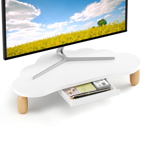 AFOOYO Monitor Stand Riser,Cloud-Shaped Sturdy Wood 16.5In Computer Monitor Riser Wirh Drawer, Multi-Purpose Desktop Organizer Riser for Computer,Laptop,Printer,TV,White - color: White, size: Cloud Shape With Drawer